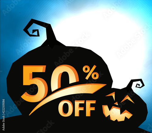 Pumpkin silhouette on dark blue sky with full moon. Halloween 50 percent off, sale banner. Holiday offer, autumn discount vector illustration.