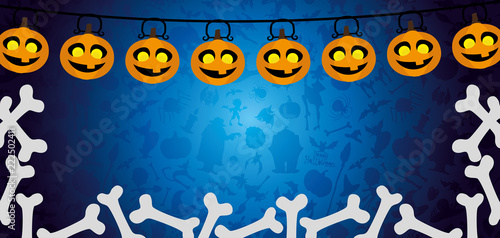 Halloween banner with pumpkins and bones on a blue background.