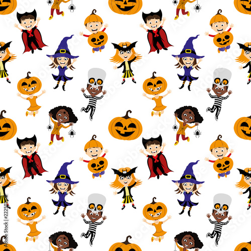 Seamless background with children in costumes for halloween on white background.