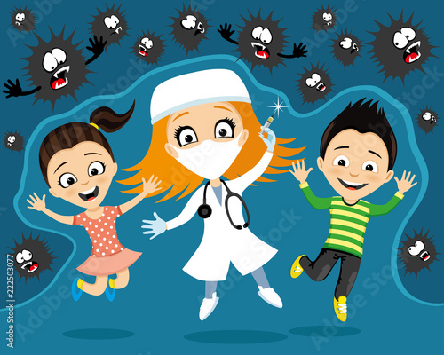Cheerful doctor with a syringe and children in a jump.