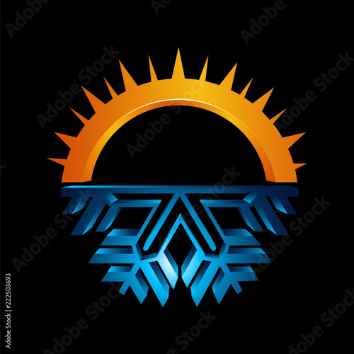 Hot and cold round sign. Temperature balance icon. Sun and snowflake line style symbols with red and blue parts of circle. Climate weather logo