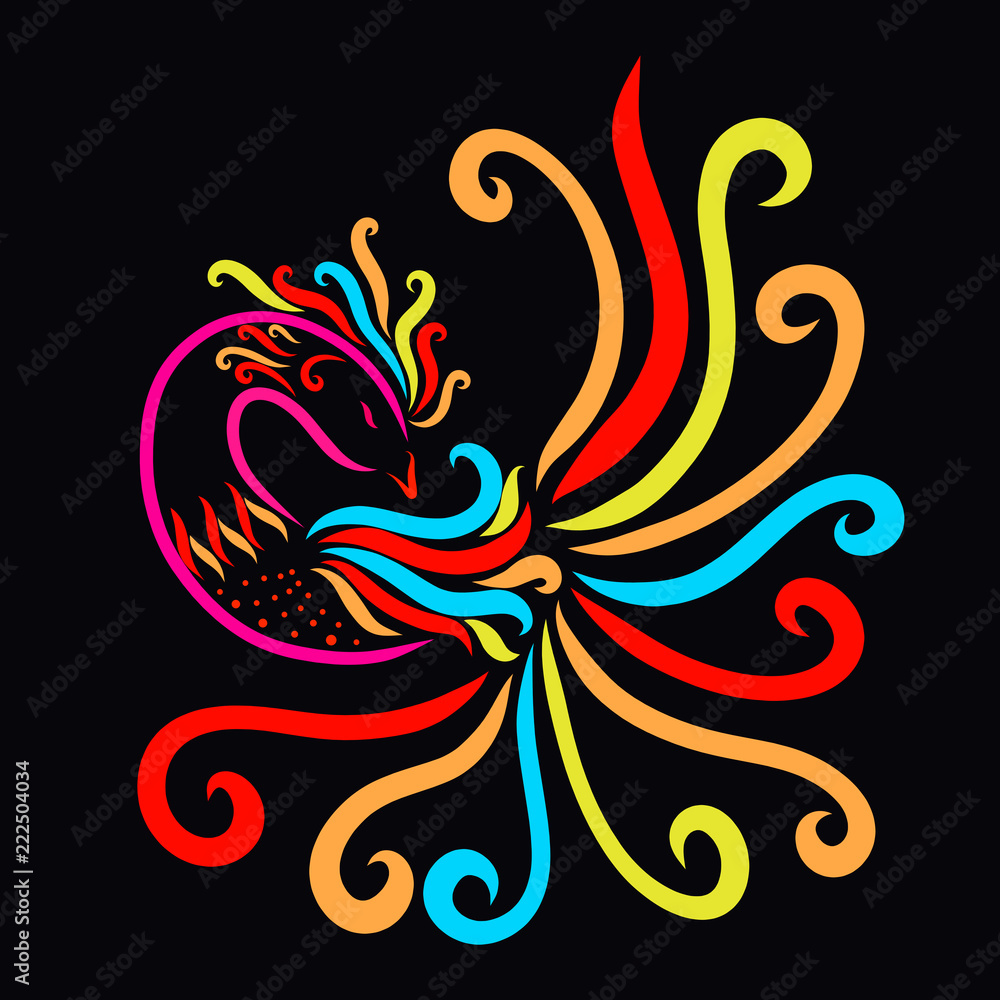 Black background with a rainbow graceful bird Black background with a rainbow graceful bird