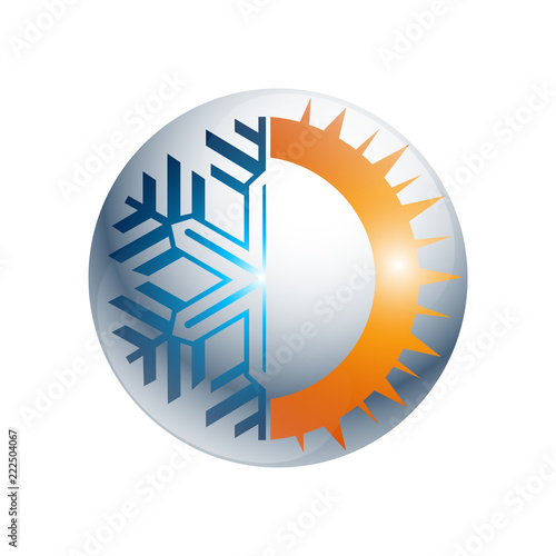 gear Hot and cold round sign logo. Temperature balance icon. Sun and snowflake line style symbols with red and blue parts of circle. Climate weather logo