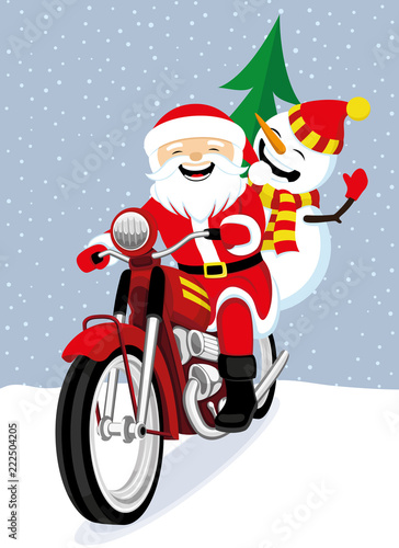 Cheerful Santa Claus and snowman on a red retro motorcycle.