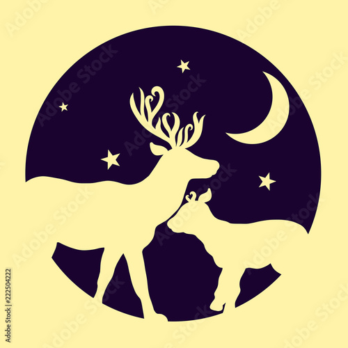 Lovely deer in the background of a starry sky in a round frame  Mom and Baby