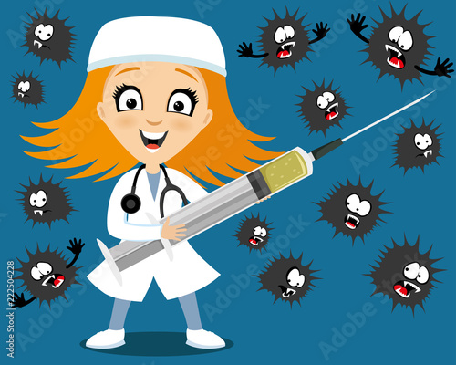 Doctor with a syringe and viruses around on a blue background.