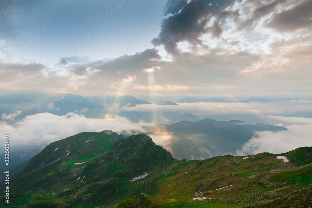 Obraz premium Mountain summer. Sunset. Rocky landscape