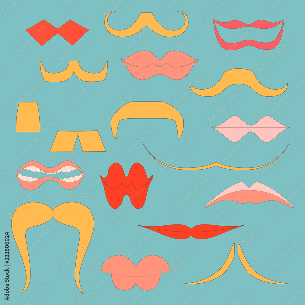 Set with Colorful Icons of Moustaches and Lips