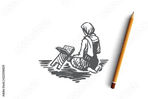 Muslim, islam, religion, arab, girl, koran, prayer concept. Hand drawn isolated vector.