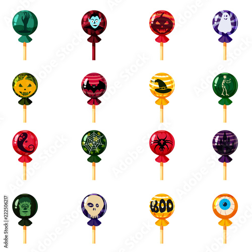 Set of colored sweets, lollipop, hard candy, caramel Halloween feast. Different colors with elements of the holiday Halloween, vampire, skull, pumpkin, witch s hat, eye, bat, skeleton, ghost. Vector