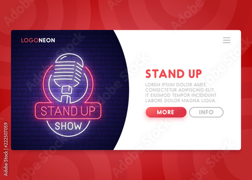Colorful Landing Page. Mock up website. Home Page. Web banner templates. Social media, mobile app. Theme Stand Up . Neon sign style. Open Mic. Vector illustration