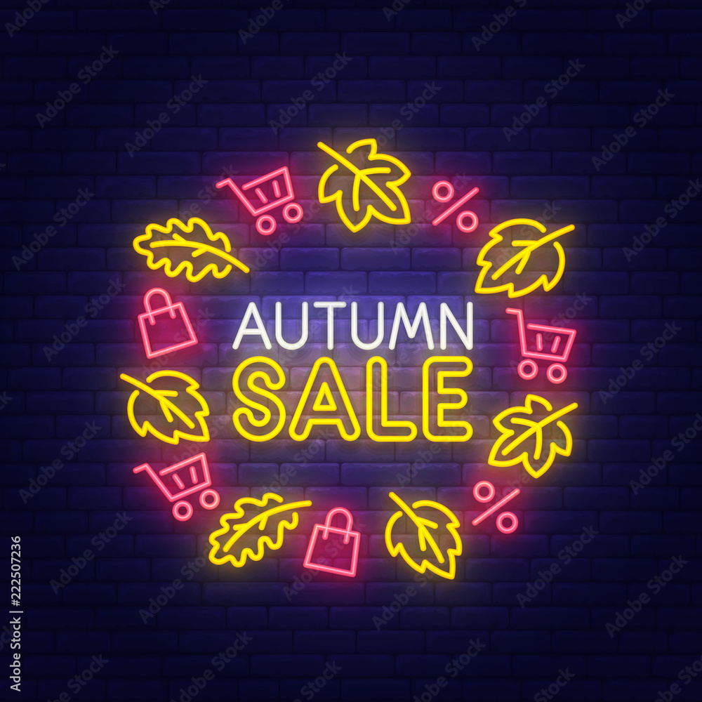Autumn Sale neon sign, bright signboard, light banner. Autumn Discounts logo, emblem. Vector illustration
