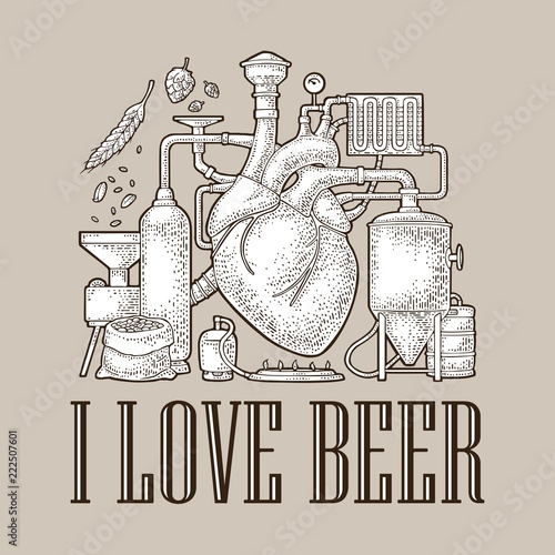 Brewery process on factory beer with tanks, burner, heart