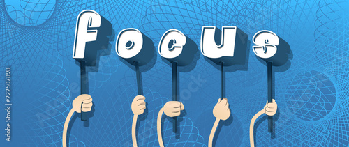 Diverse hands holding letters of the alphabet created the word Focus. Vector illustration.