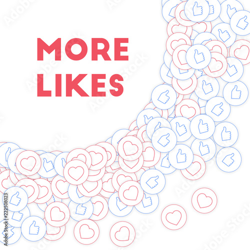 Social media icons. More likes concept. Falling scattered thumbs up hearts. Pleasing big radiant lef