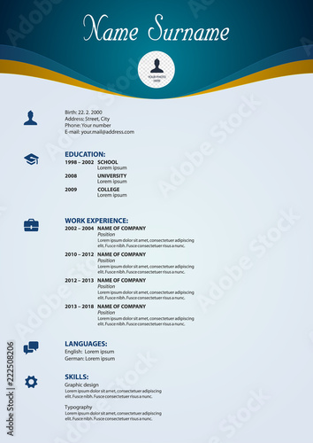 Vector cv, resume template with blue wave