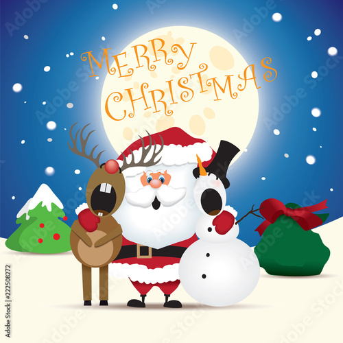 New Year greeting card-Santa Claus, snowman and reindeer singing a Christmas carol with the moon in the background.