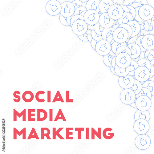 Social media icons. Social media marketing concept. Falling scattered thumbs up. Top right corner el