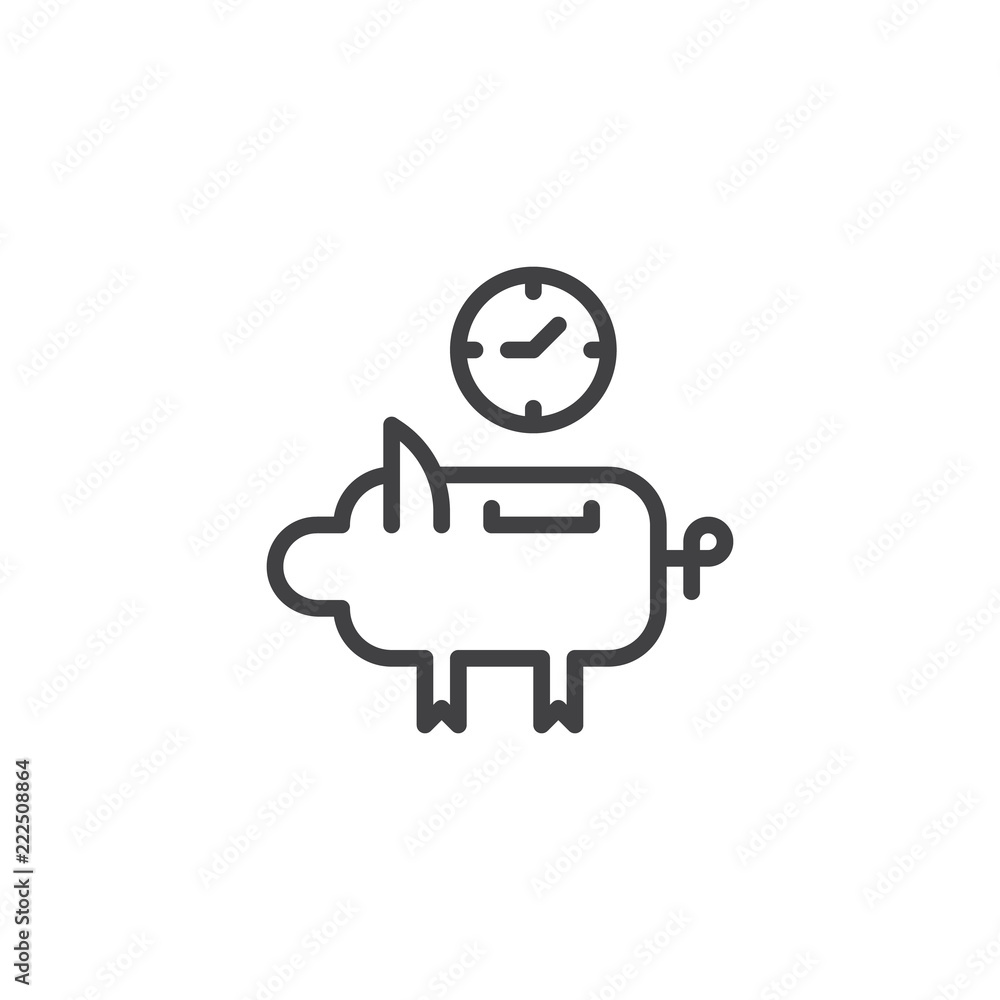 Piggy bank and clock coin outline icon. linear style sign for mobile concept and web design. Time is money piggy bank simple line vector icon. Symbol, logo illustration. Pixel perfect vector graphics Piggy bank and clock coin outline icon. linear style sign for mobile concept and web design. Time is money piggy bank simple line vector icon. Symbol, logo illustration. Pixel perfect vector graphics