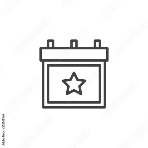 Calendar with star outline icon. linear style sign for mobile concept and web design. Favourites Day simple line vector icon. Symbol, logo illustration. Pixel perfect vector graphics