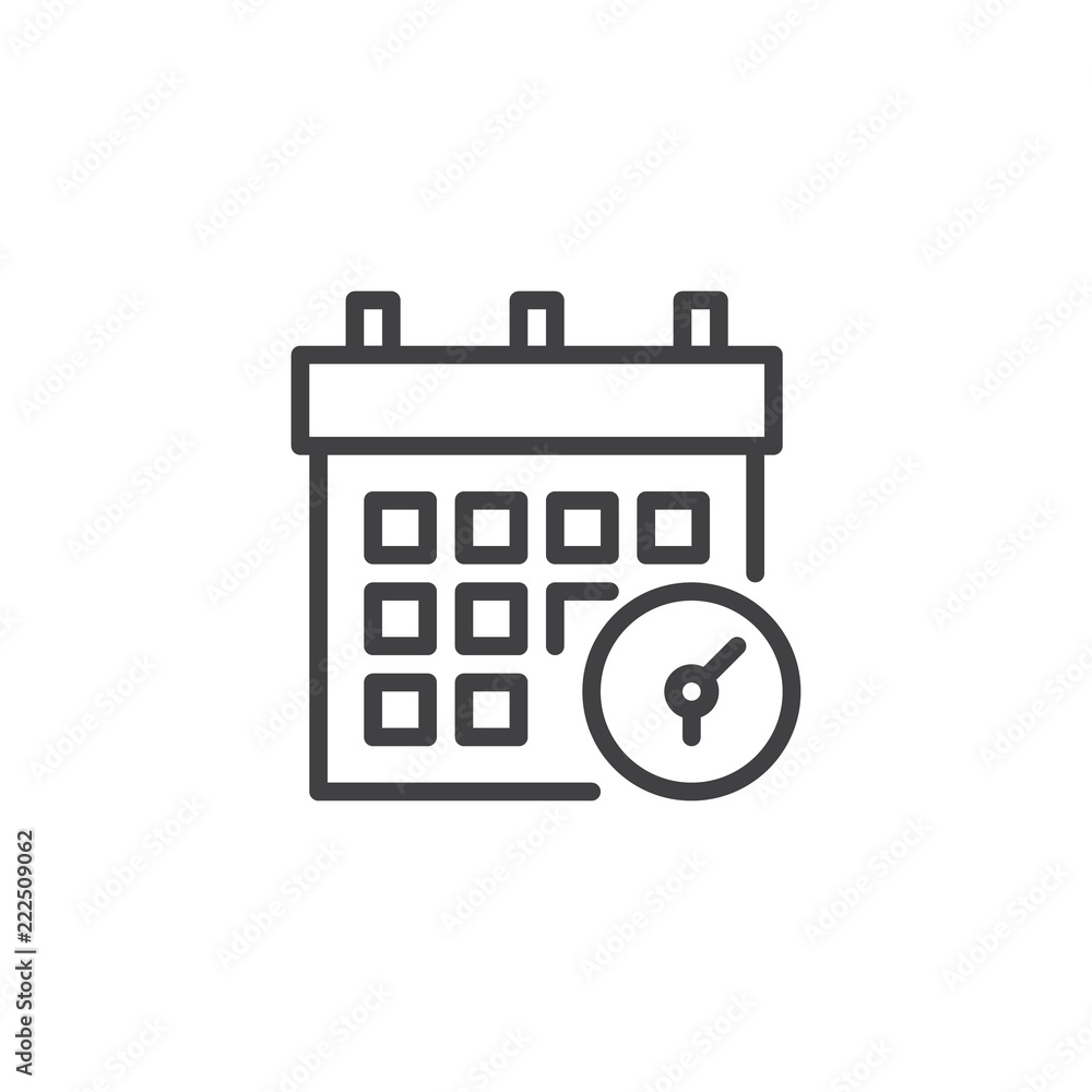 Calendar and clock outline icon. linear style sign for mobile concept and web design. Schedule, appointment simple line vector icon. Symbol, logo illustration. Pixel perfect vector graphics Calendar and clock outline icon. linear style sign for mobile concept and web design. Schedule, appointment simple line vector icon. Symbol, logo illustration. Pixel perfect vector graphics