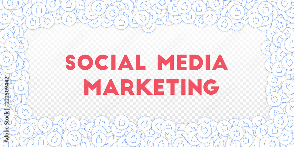 Social media icons. Social media marketing concept. Falling scattered thumbs up. Wide scattered fram