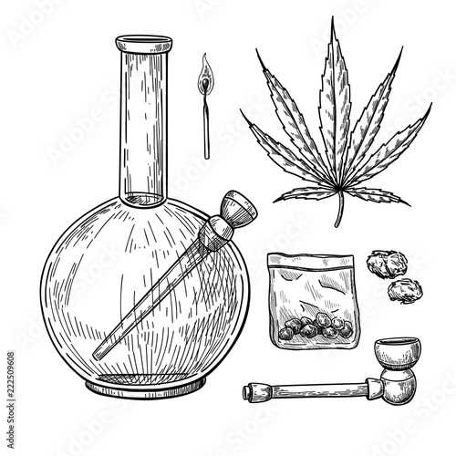 Marijuana or cannabis vector drawing set. Plant leaf, bong, pipe