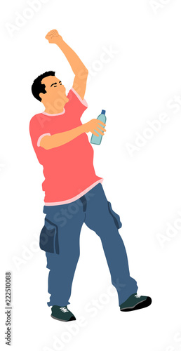 Drunk man with alcohol bottle vector. Drunk boy on party listening music. Friends celebrating birthday. Teenagers night life. Social problem drugs addict. Risk behavior with drink bad example