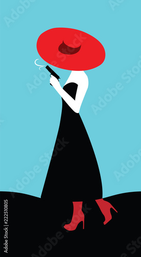 A woman in a red hat with a gun. Art illustration