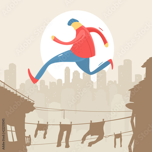 Vector Illustration of Man Jumping On Roof