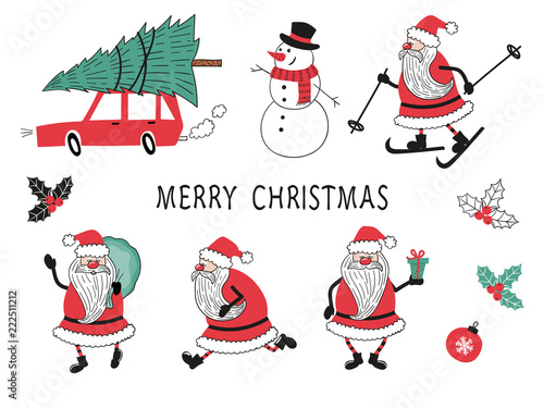 Merry Christmas vector set with Santa Claus, snowmn, car, tree. photo