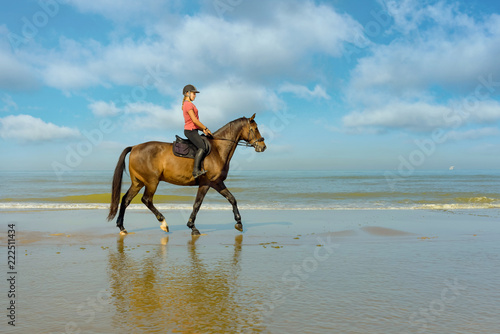 belle cavalière au trot les pieds dans l'eau