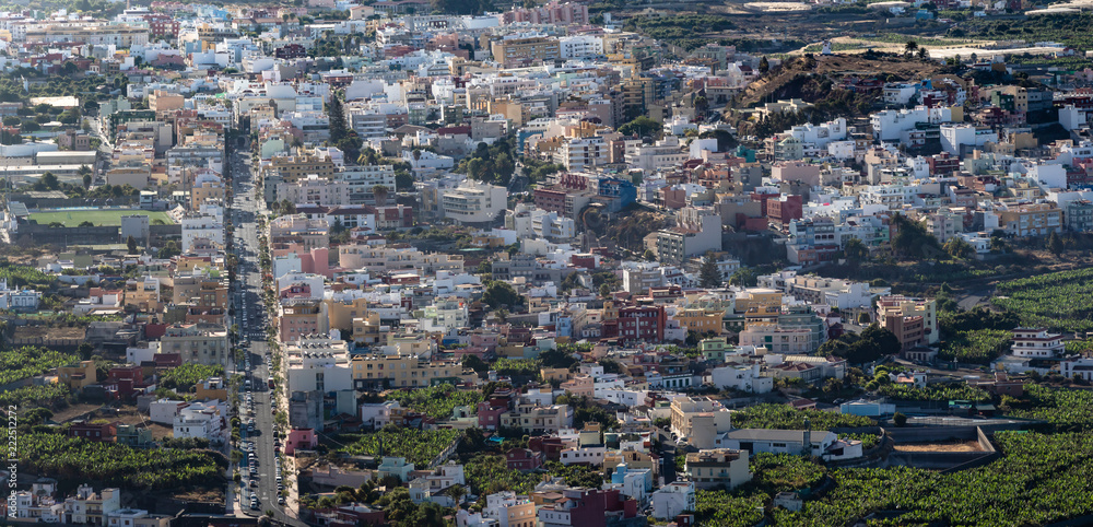 Panoramic view on colorful houses and the main street of the city Los Llanos. La Palma Canary Islands.