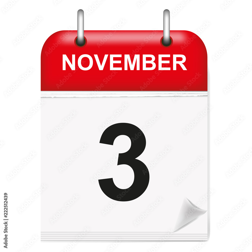 Daily single-leaf calendar, red spine, 3d, month of November,third, 3rd Daily single-leaf calendar, red spine, 3d, month of November,third, 3rd