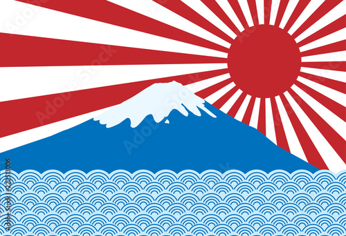 vector of red sun ray of japan rising sun with fuji san and blue wave