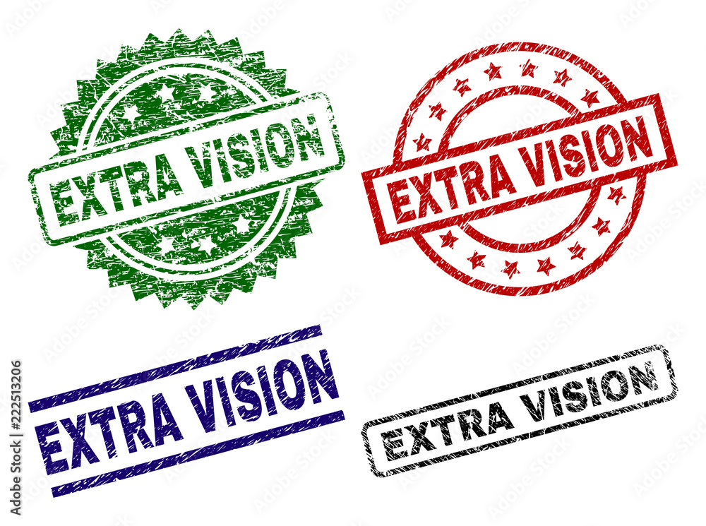 EXTRA VISION seal prints with damaged style. Black, green,red,blue vector rubber prints of EXTRA VISION caption with retro style. Rubber seals with circle, rectangle, medallion shapes. EXTRA VISION seal prints with damaged style. Black, green,red,blue vector rubber prints of EXTRA VISION caption with retro style. Rubber seals with circle, rectangle, medallion shapes.