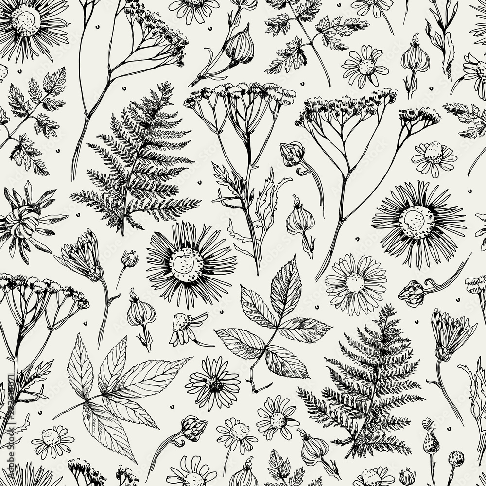 Seamless pattern with flowers, leaves and grass. Sketch. Freehand drawing - obrazy, fototapety, plakaty 