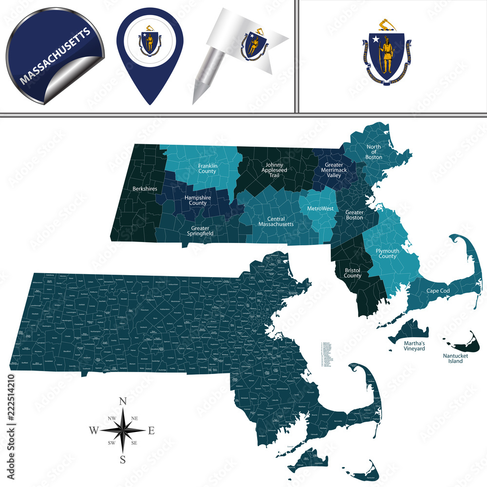 Naklejka premium Map of Massachusetts with Regions