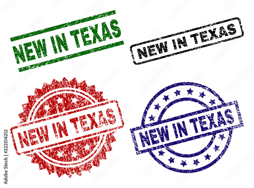 NEW IN TEXAS seal prints with distress style. Black, green,red,blue vector rubber prints of NEW IN TEXAS label with corroded style. Rubber seals with circle, rectangle, rosette shapes. NEW IN TEXAS seal prints with distress style. Black, green,red,blue vector rubber prints of NEW IN TEXAS label with corroded style. Rubber seals with circle, rectangle, rosette shapes.