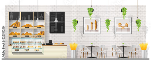 Interior scene of modern bakery shop with display counter , tables and chairs , vector , illustration