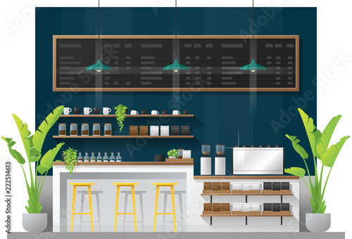 Interior scene of modern coffee shop counter bar , vector , illustration