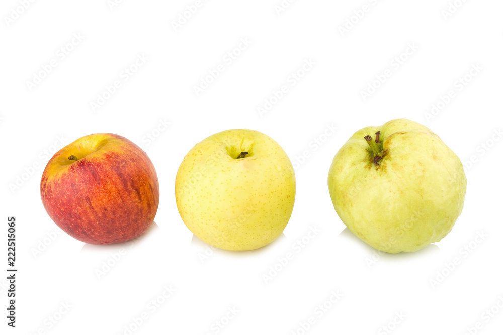 fruit traffic light concept. apple red. chinese pear yellow. guava green. isolated on white background fruit traffic light concept. apple red. chinese pear yellow. guava green. isolated on white background