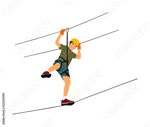Extreme sportsman took down with rope. Man climbing vector illustration, isolated on white. Sport weekend zipline action in adventure park rope ladder. Ropeway for fun, team building. Rescue mission.