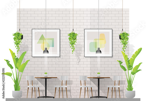 Interior scene of modern restaurant with tables and chairs for customer   vector   illustration