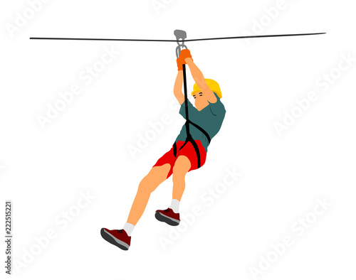 Extreme sportsman took down with rope. Boy climbing vector illustration, isolated on white. Sport weekend zipline action in adventure park rope ladder. Ropeway for fun, team building. Rescue mission.