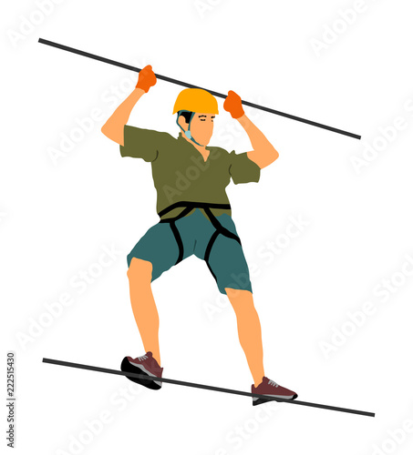 Extreme sportsman took down with rope. Man climbing vector illustration, isolated on white. Sport weekend zipline action in adventure park rope ladder. Ropeway for fun, team building. Rescue mission.