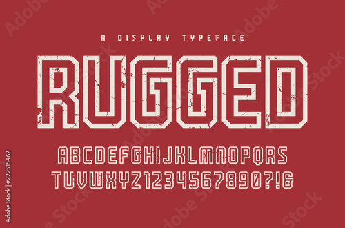 Rugged vector display typeface, font, uppercase letters and numb