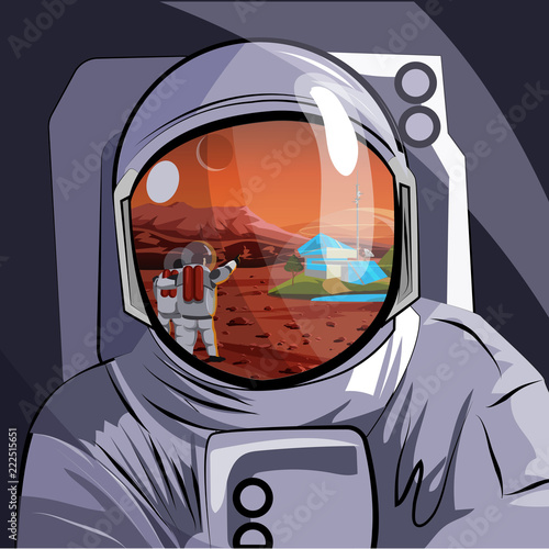 Astronaut. Reflection in the helmet of the Martian landscape with people, settlers of the planet. Vector illustration