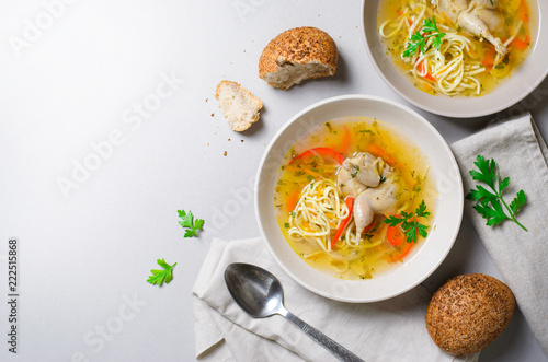 Quail Noodle Soup, Homemade Broth with Noodles and Vegetables Served with Bread Rolls, Zama, Traditional Moldavian and Romanian Soup