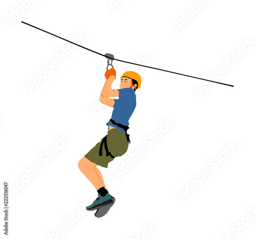 Extreme sportsman took down with rope. Man climbing vector illustration, isolated on white. Sport weekend zipline action in adventure park rope ladder. Ropeway for fun, team building. Rescue mission.